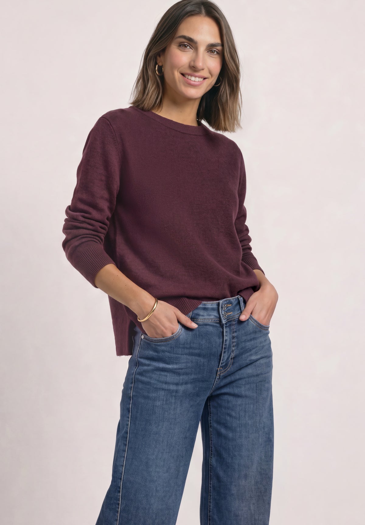 Street One Damen Langarmpullover mit U-Boot-Ausschnitt - Rot meliert rustic rouge mel.