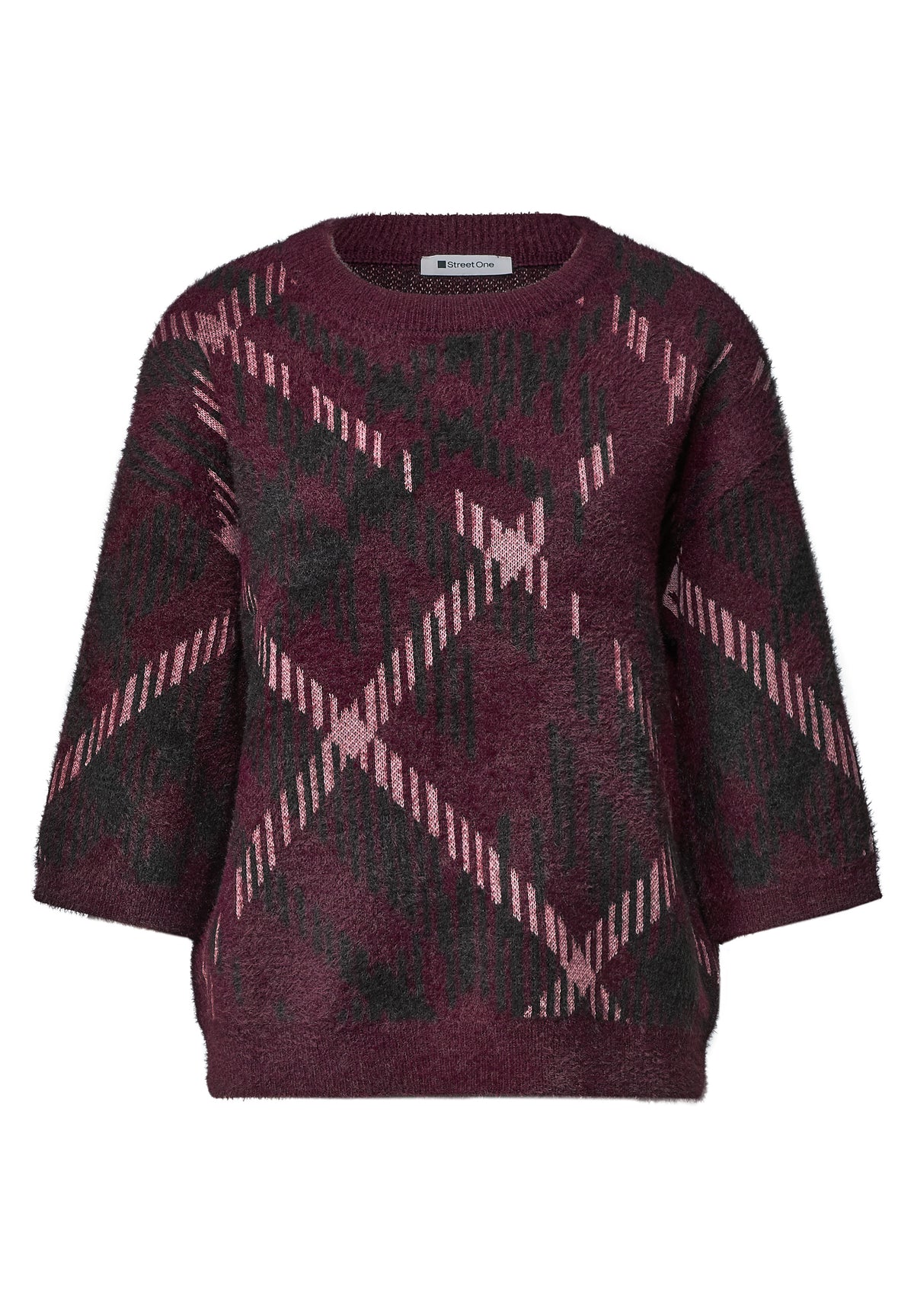 Street One Damen Kurzarm-Pullover mit Karomuster - Rot rustic rouge