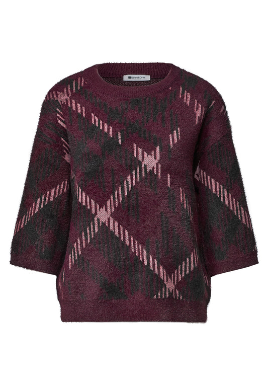 Street One Damen Kurzarm-Pullover mit Karomuster - Rot rustic rouge