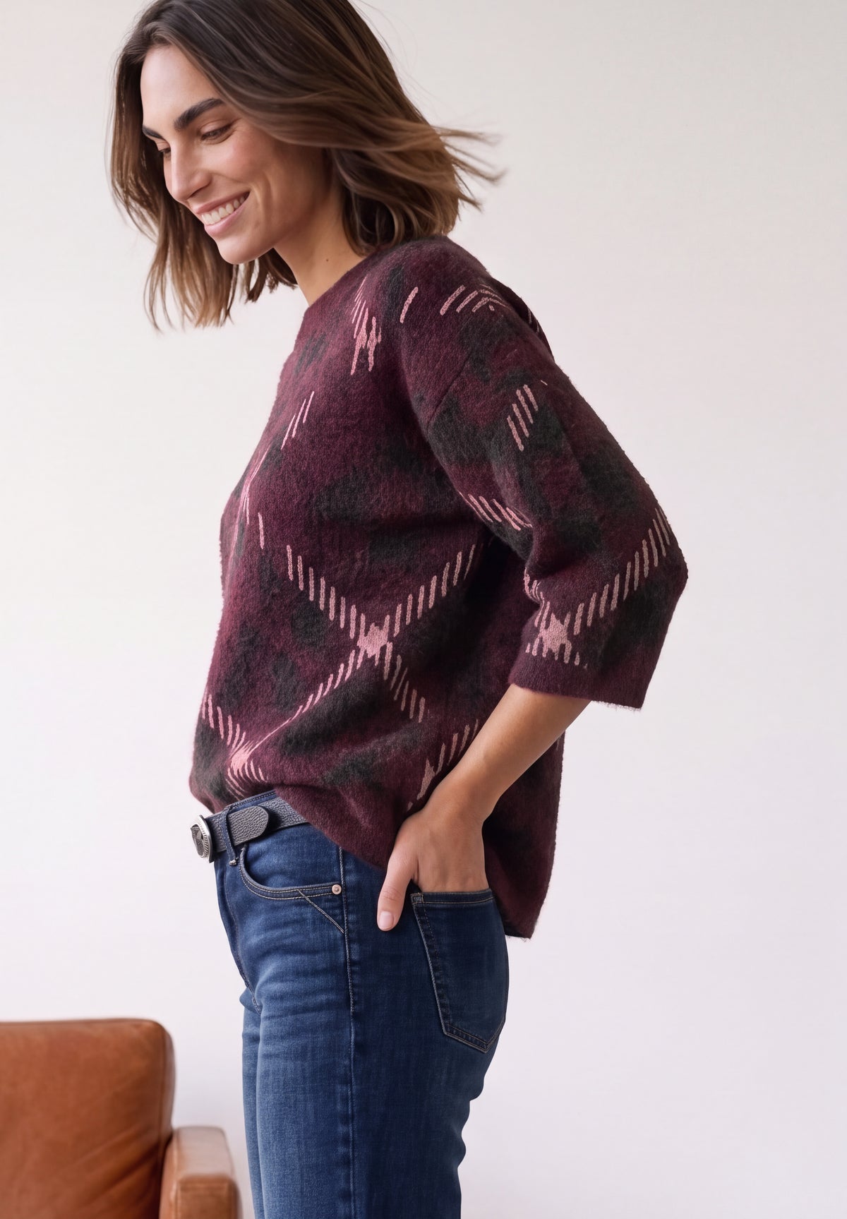 Street One Damen Kurzarm-Pullover mit Karomuster - Rot rustic rouge