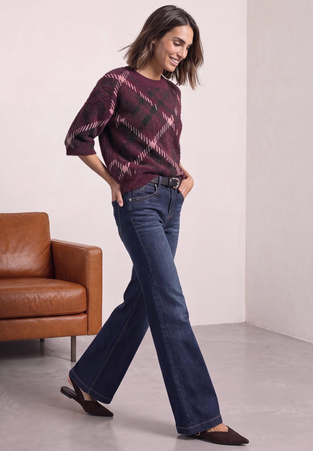 Street One Damen Kurzarm-Pullover mit Karomuster - Rot rustic rouge