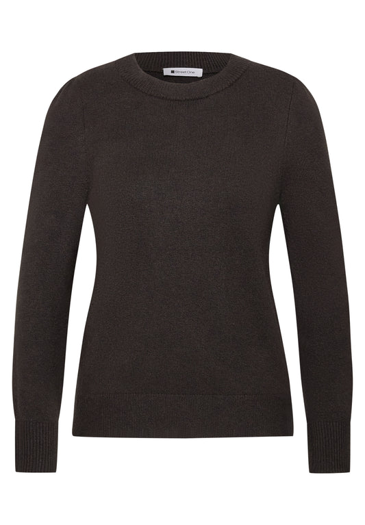 Street One Damen Pullover mit Rundhals und Raffung - Dunkelbraun meliert black coffee mel.