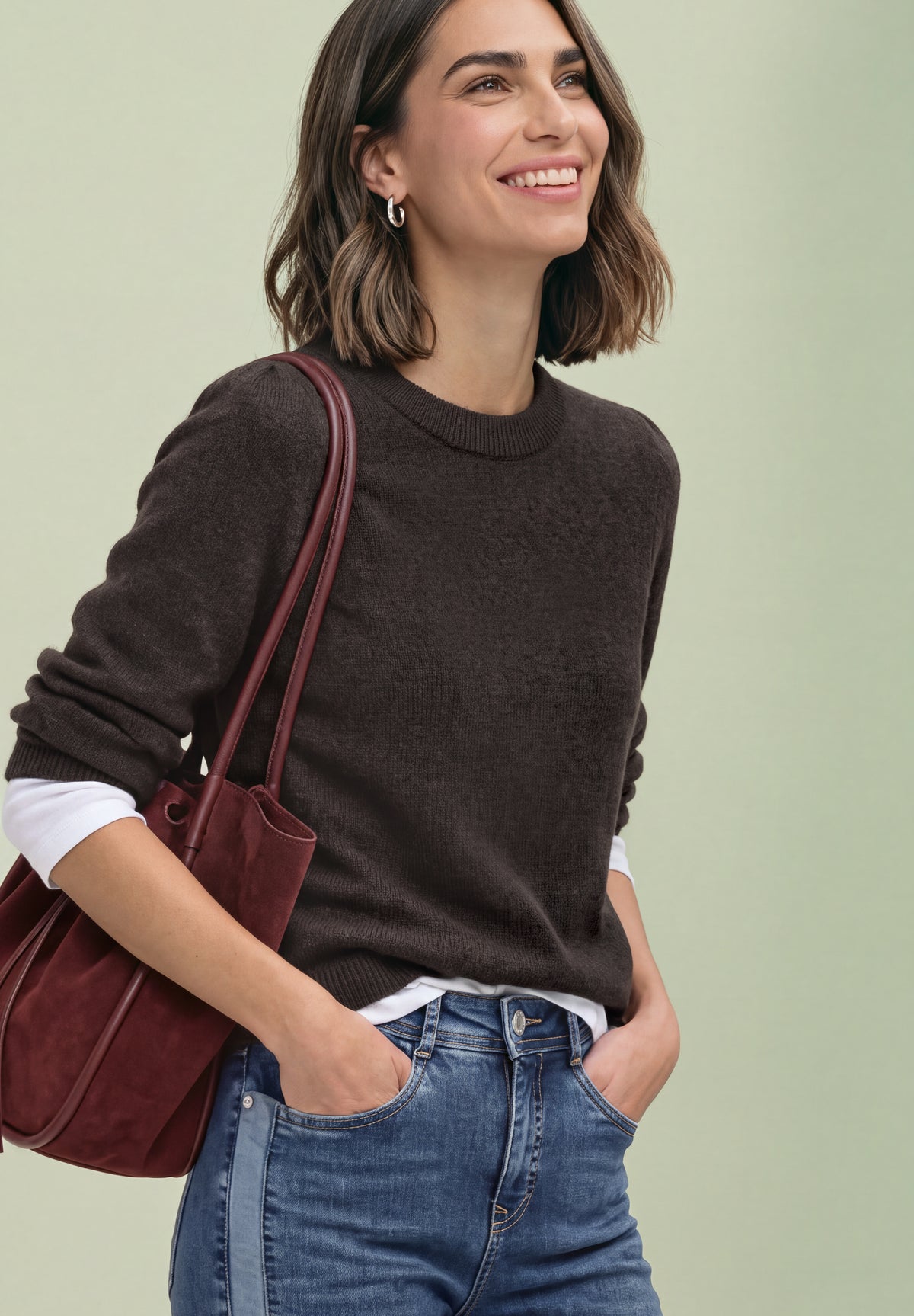 Street One Damen Pullover mit Rundhals und Raffung - Dunkelbraun meliert black coffee mel.