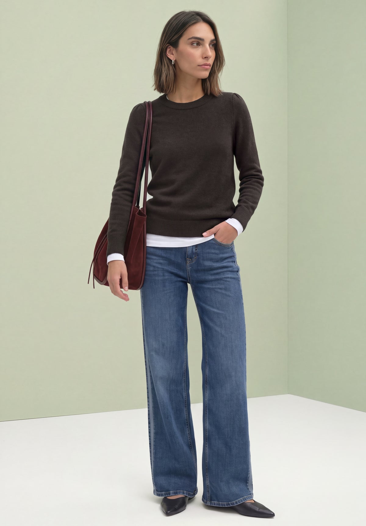 Street One Damen Pullover mit Rundhals und Raffung - Dunkelbraun meliert black coffee mel.