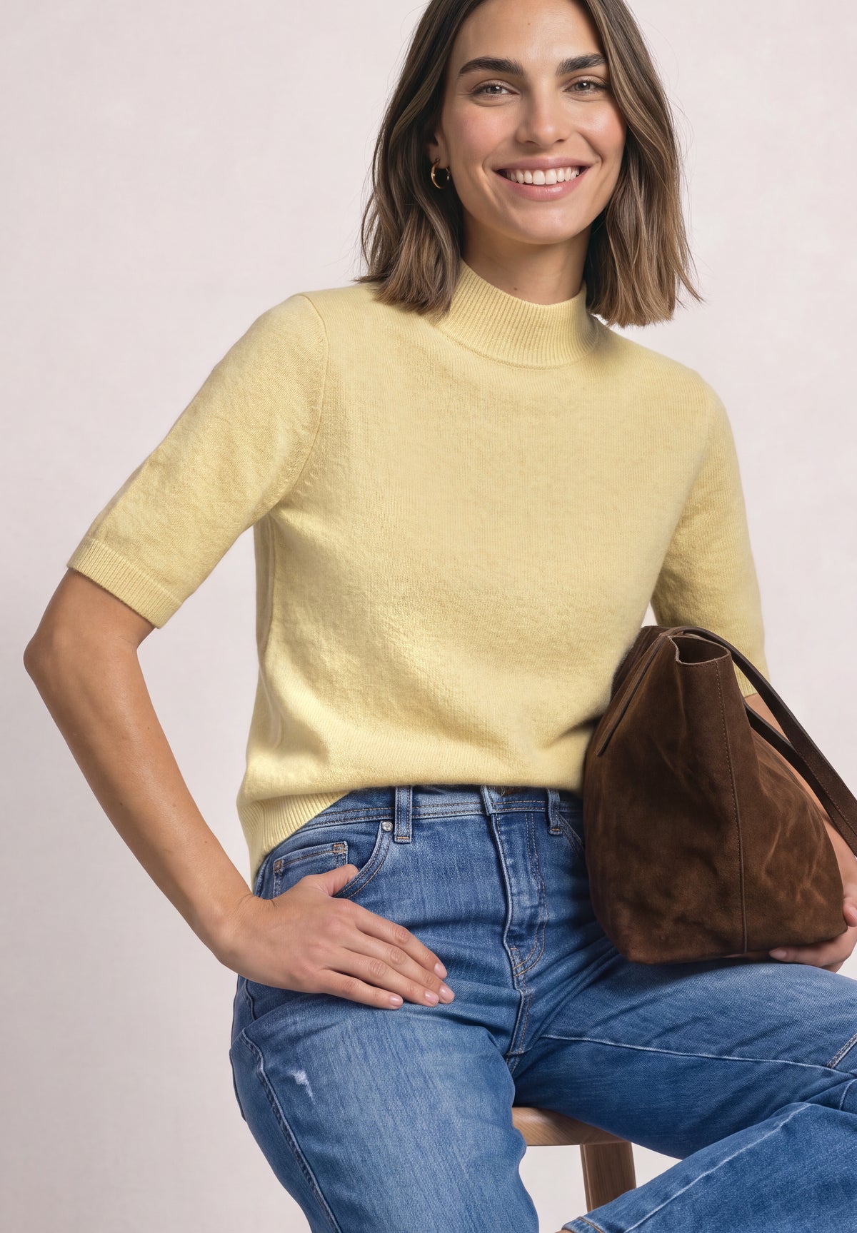 Street One Damen Kurzarm-Pullover mit Turtle Neck - Gelb meliert sunbeam yellow mel.