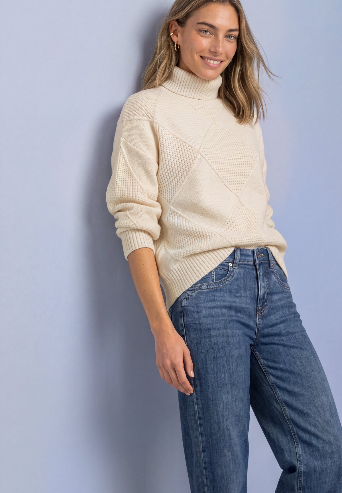 Street One Damen Pullover mit Rollkragen und Strukturmix - Beige pure beige