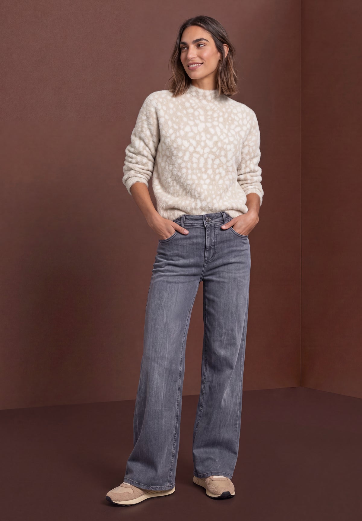 Street One Damen Federgarn Pullover mit Jacquardmuster - Sandbeige clay sand