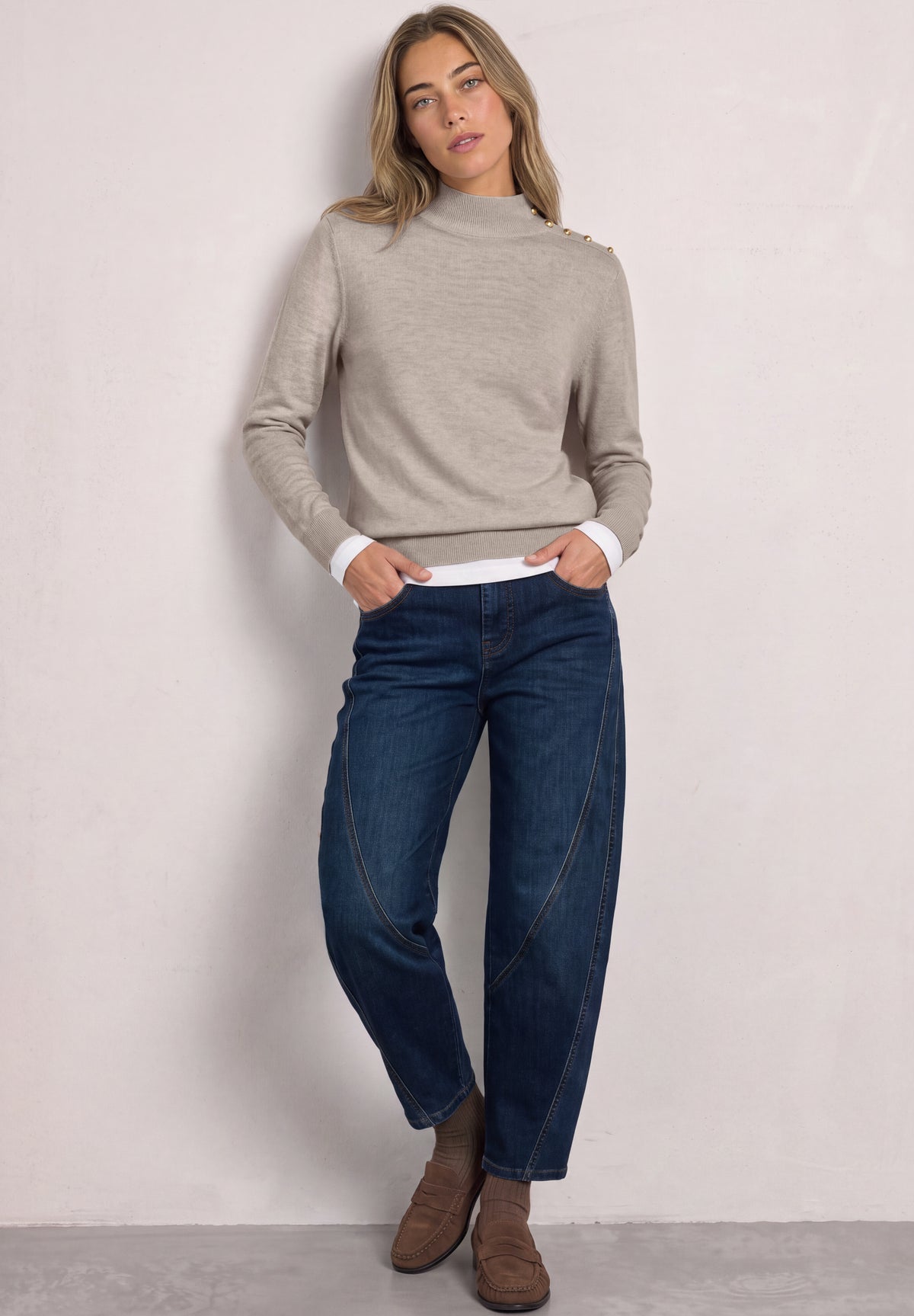 Street One Damen Pullover mit Turtle Neck und Knopfdetails - Sand meliert clay sand mel.