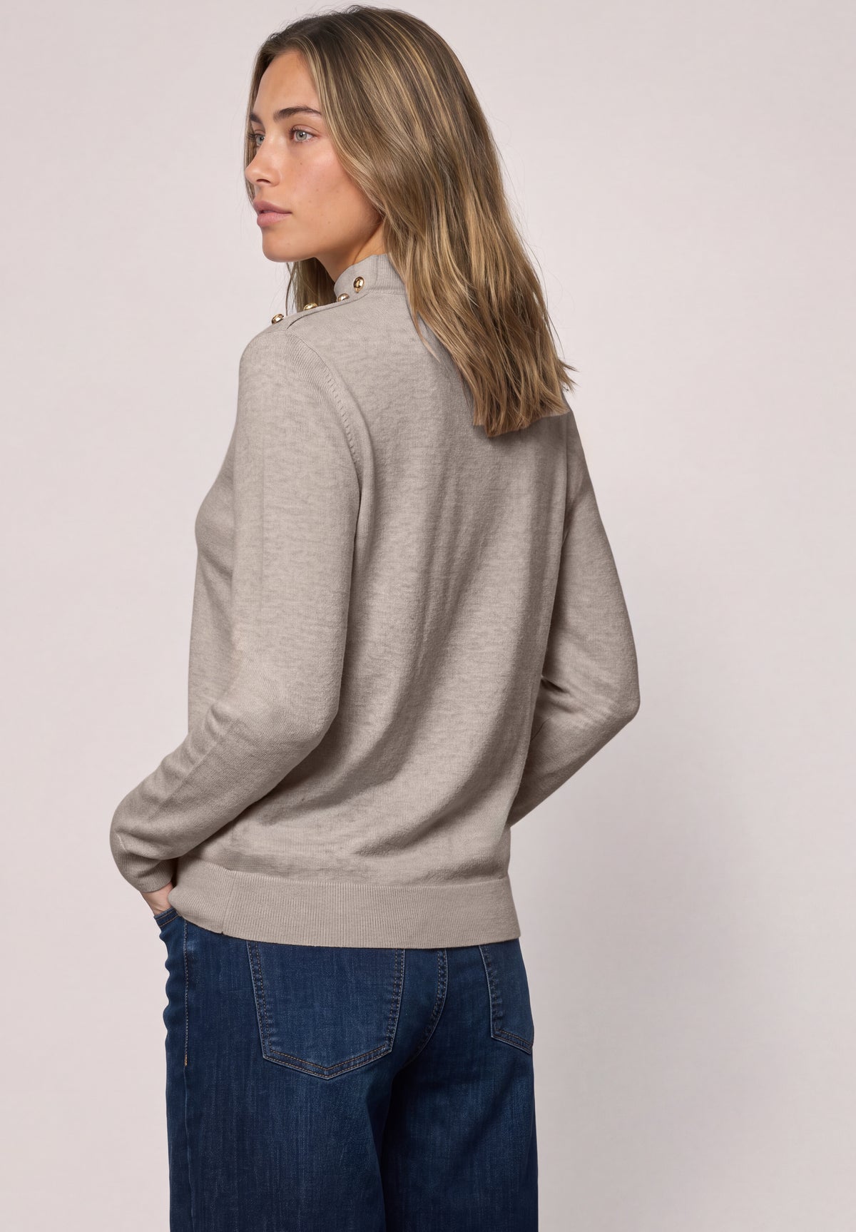 Street One Damen Pullover mit Turtle Neck und Knopfdetails - Sand meliert clay sand mel.