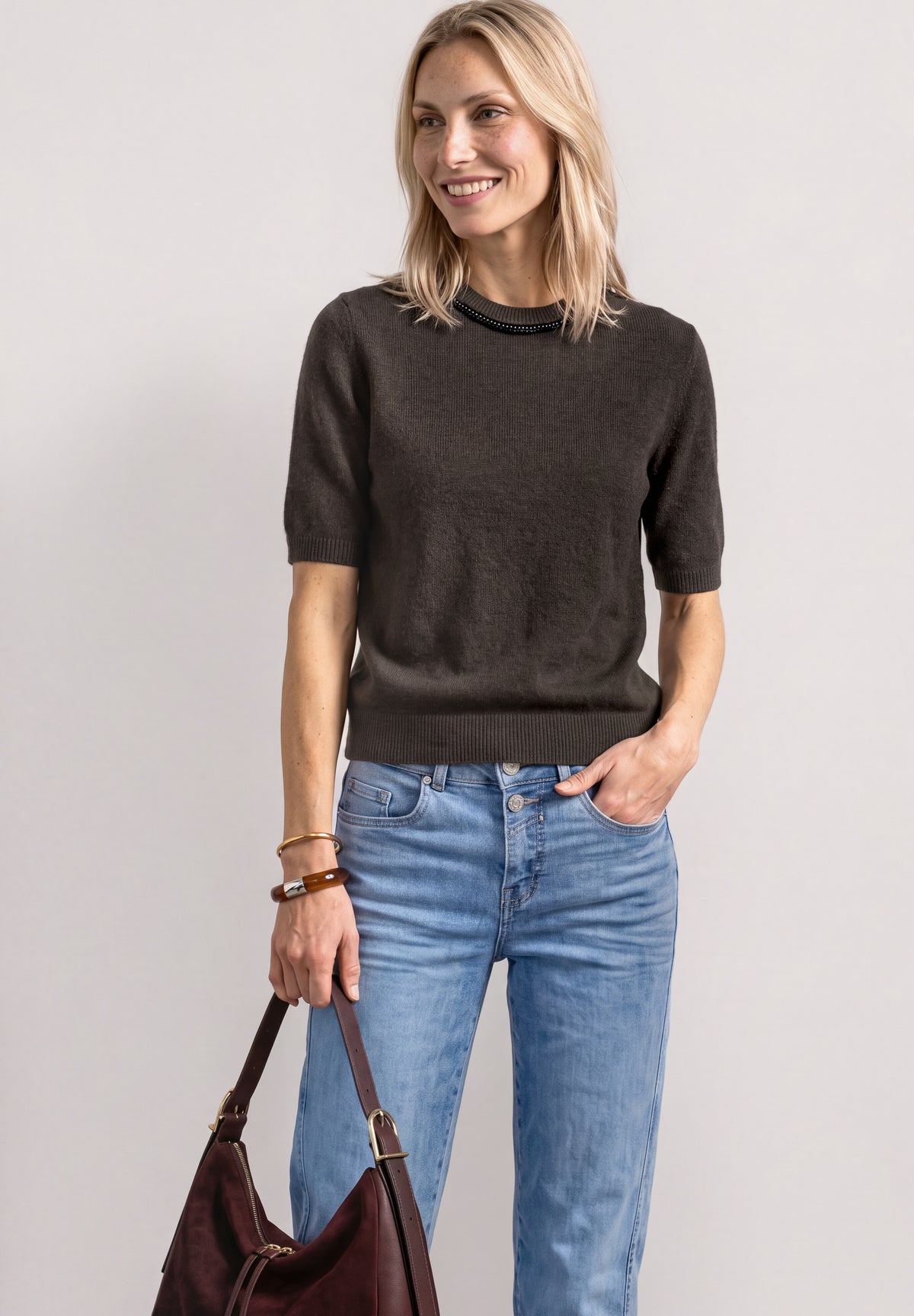Street One Damen Kurzarm-Pullover mit Schmuckdetail - Dunkelbraun meliert black coffee mel.