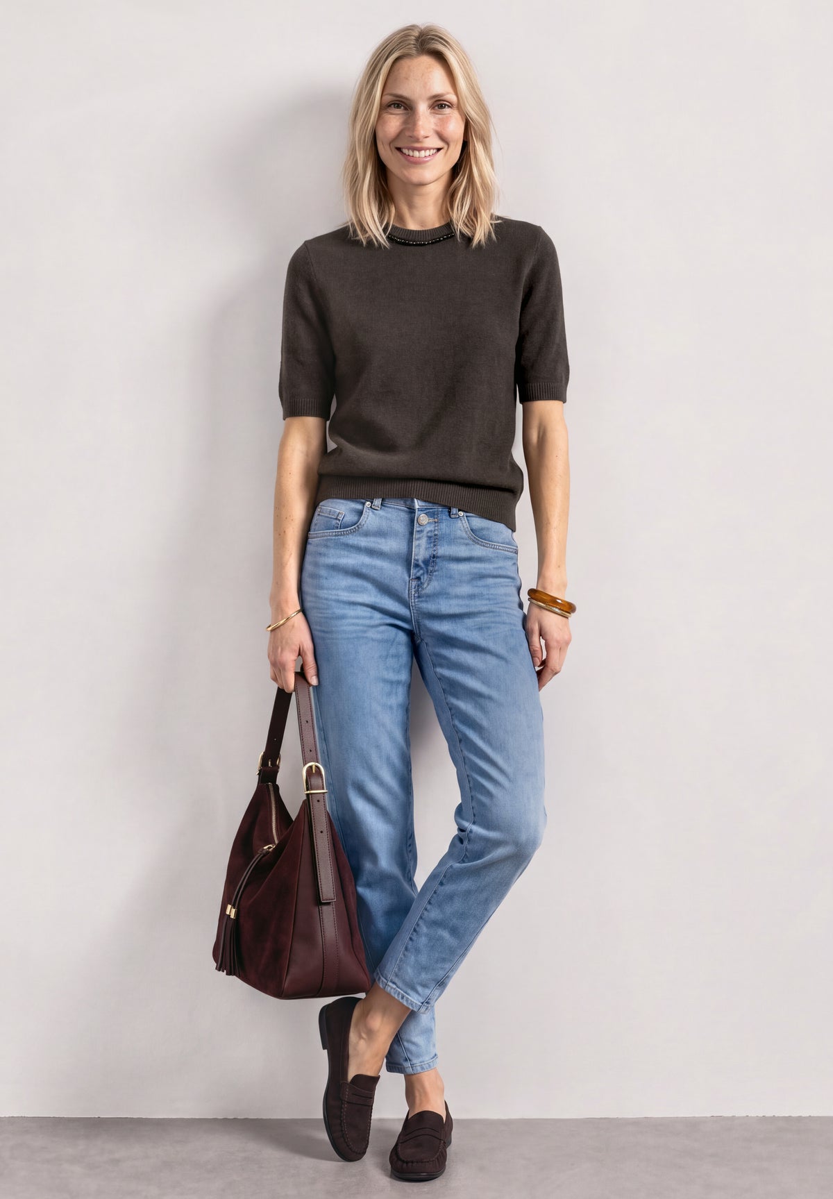 Street One Damen Kurzarm-Pullover mit Schmuckdetail - Dunkelbraun meliert black coffee mel.