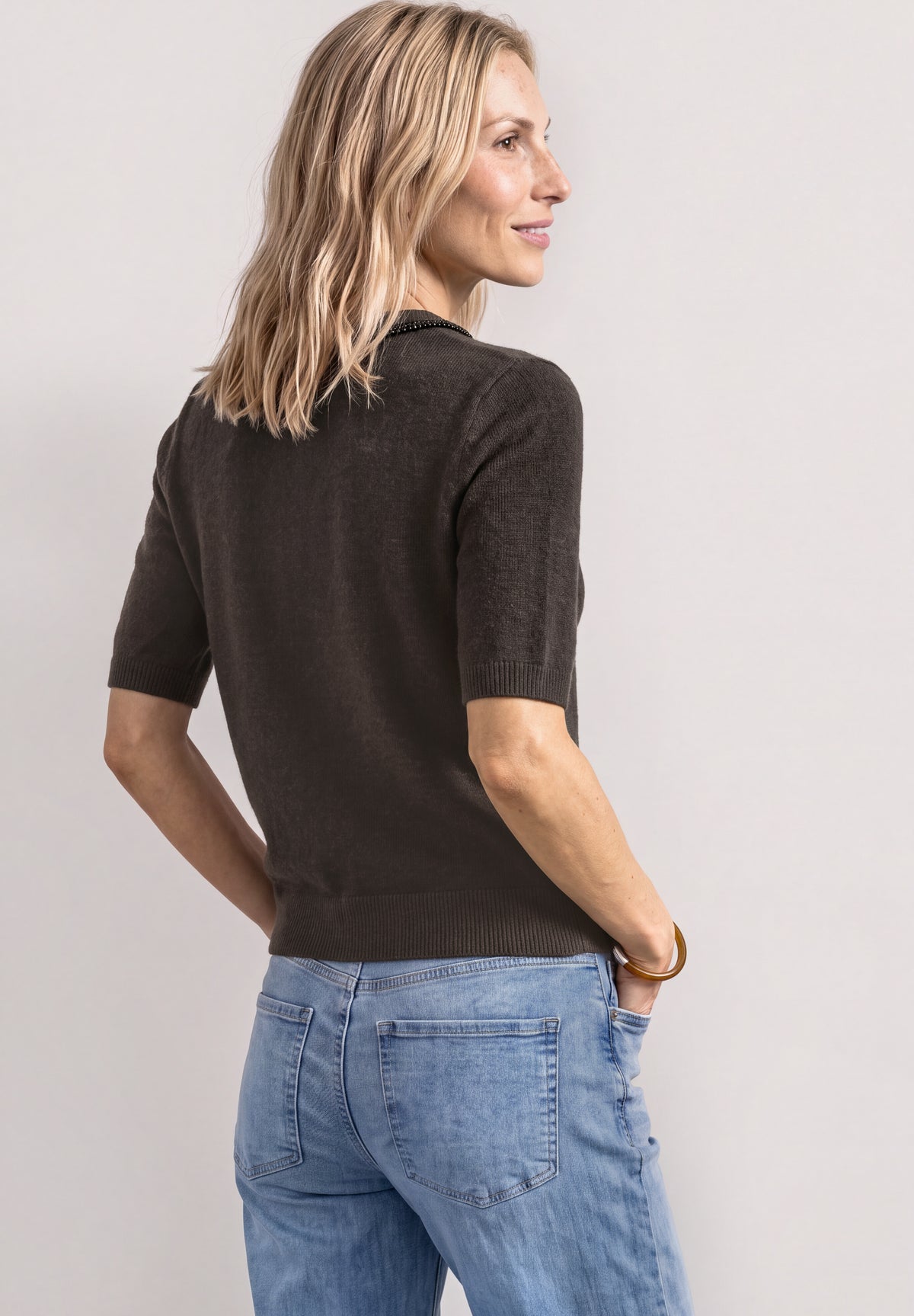 Street One Damen Kurzarm-Pullover mit Schmuckdetail - Dunkelbraun meliert black coffee mel.