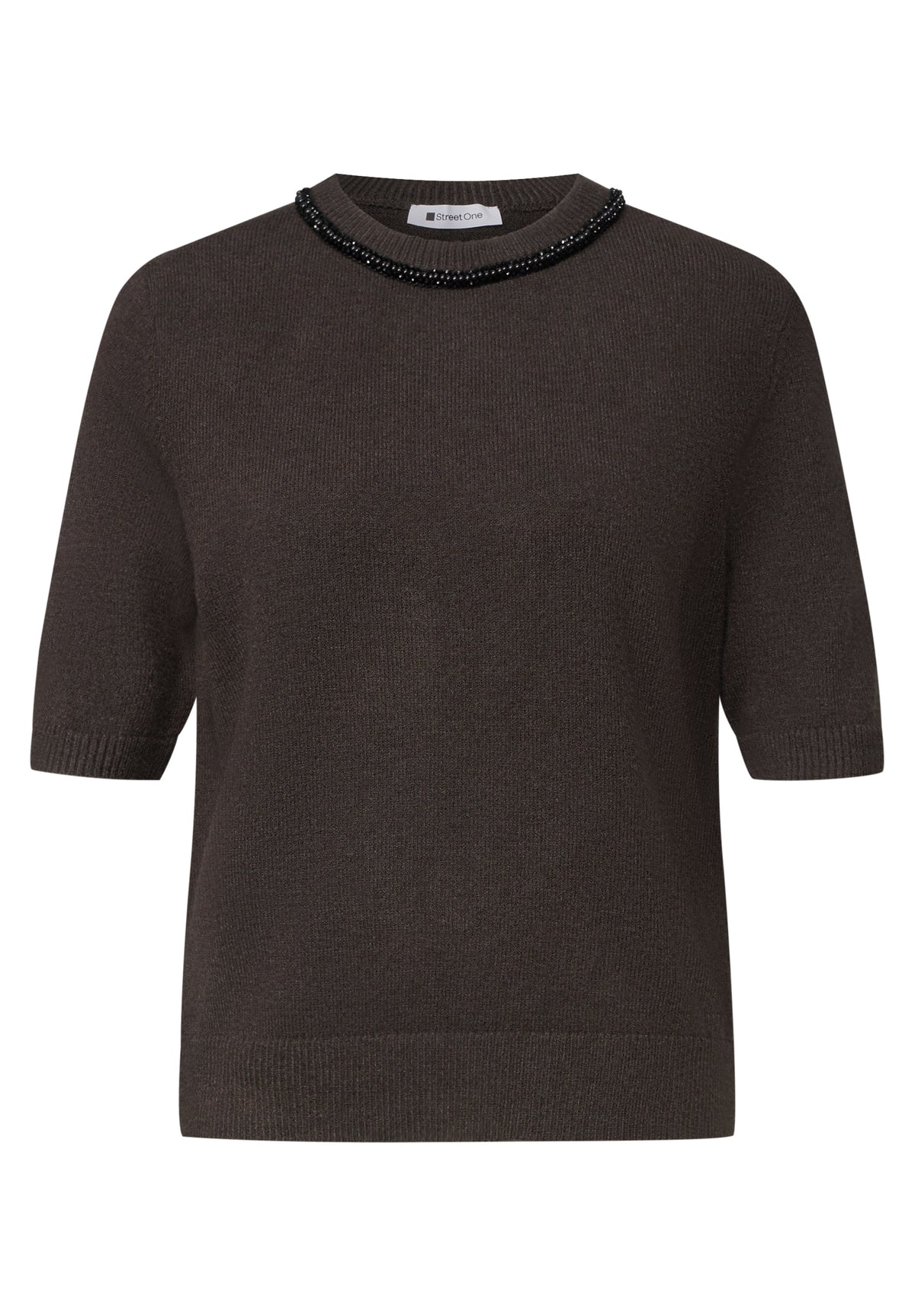 Street One Damen Kurzarm-Pullover mit Schmuckdetail - Dunkelbraun meliert black coffee mel.