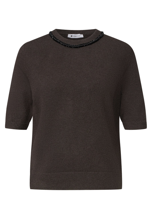 Street One Damen Kurzarm-Pullover mit Schmuckdetail - Dunkelbraun meliert black coffee mel.