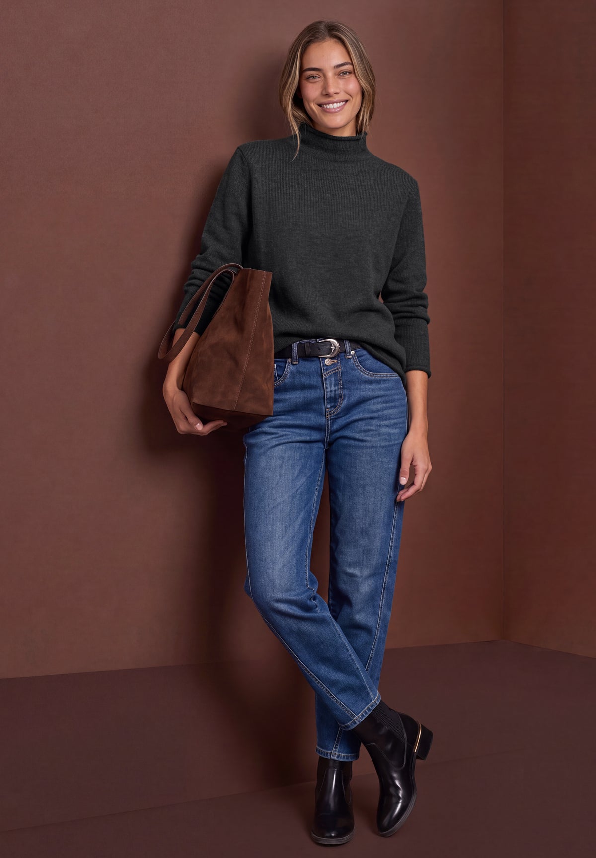 Street One Damen Pullover mit Turtle Neck und Rollkanten - Grau meliert armor grey mel.