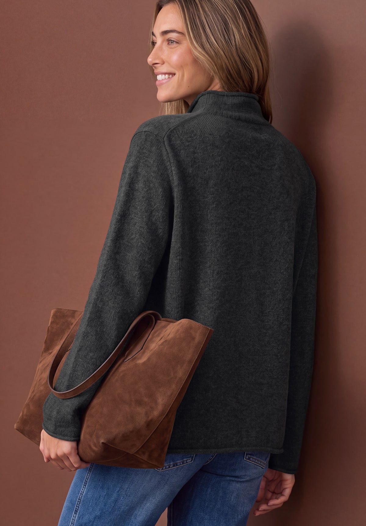 Street One Damen Pullover mit Turtle Neck und Rollkanten - Grau meliert armor grey mel.