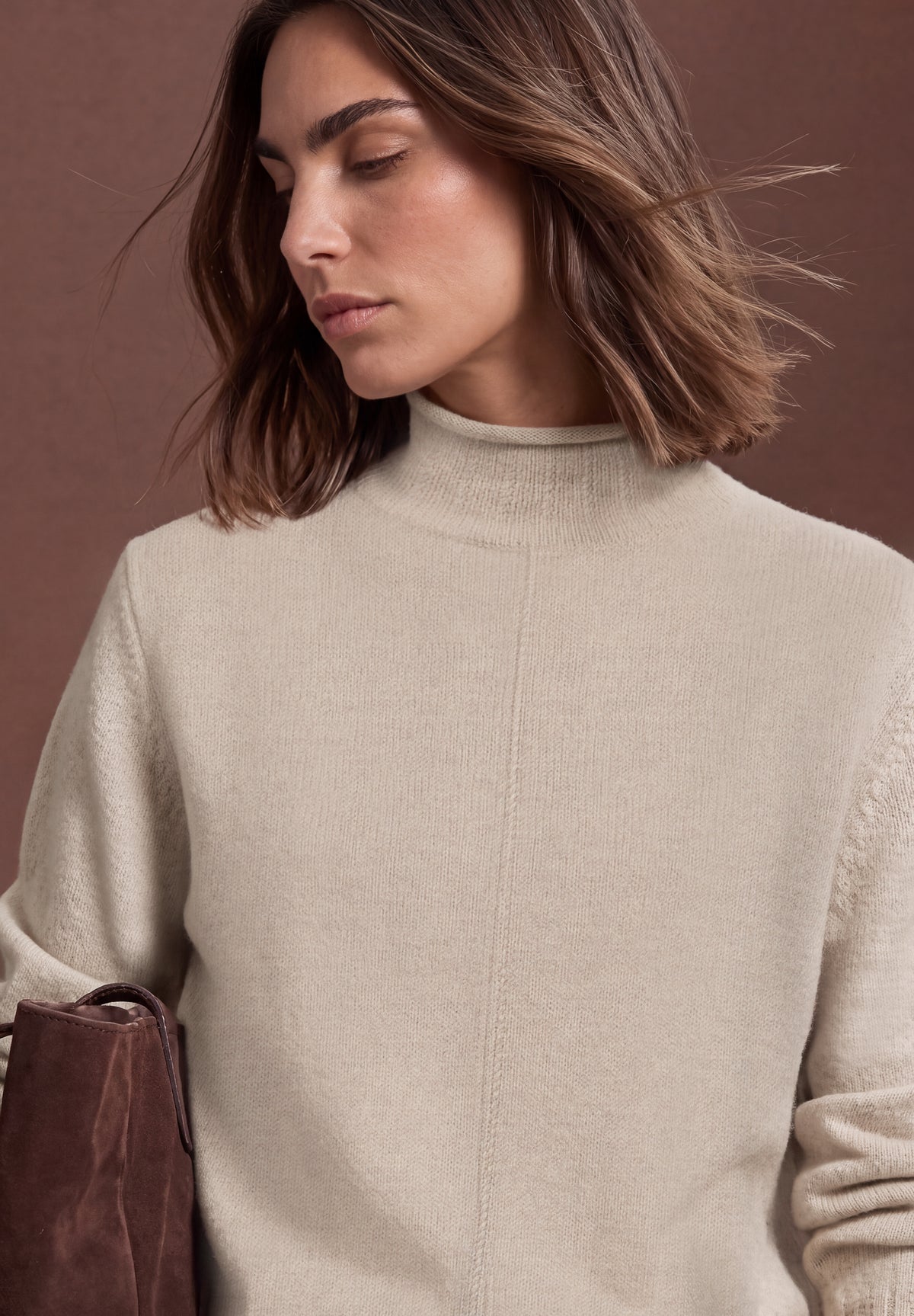 Street One Damen Pullover mit Turtle Neck und Rollkanten - Sand meliert clay sand mel.