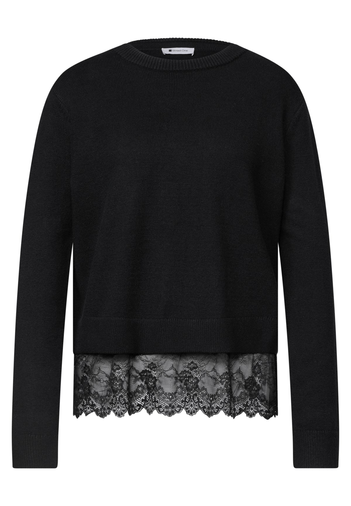 Street One Damen Pullover mit Rundhals und Spitzenkante - Schwarz Black