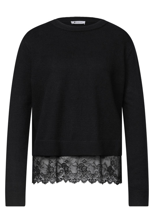 Street One Damen Pullover mit Rundhals und Spitzenkante - Schwarz Black