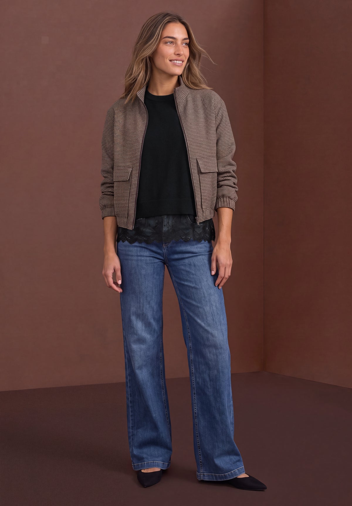 Street One Damen Pullover mit Rundhals und Spitzenkante - Schwarz Black