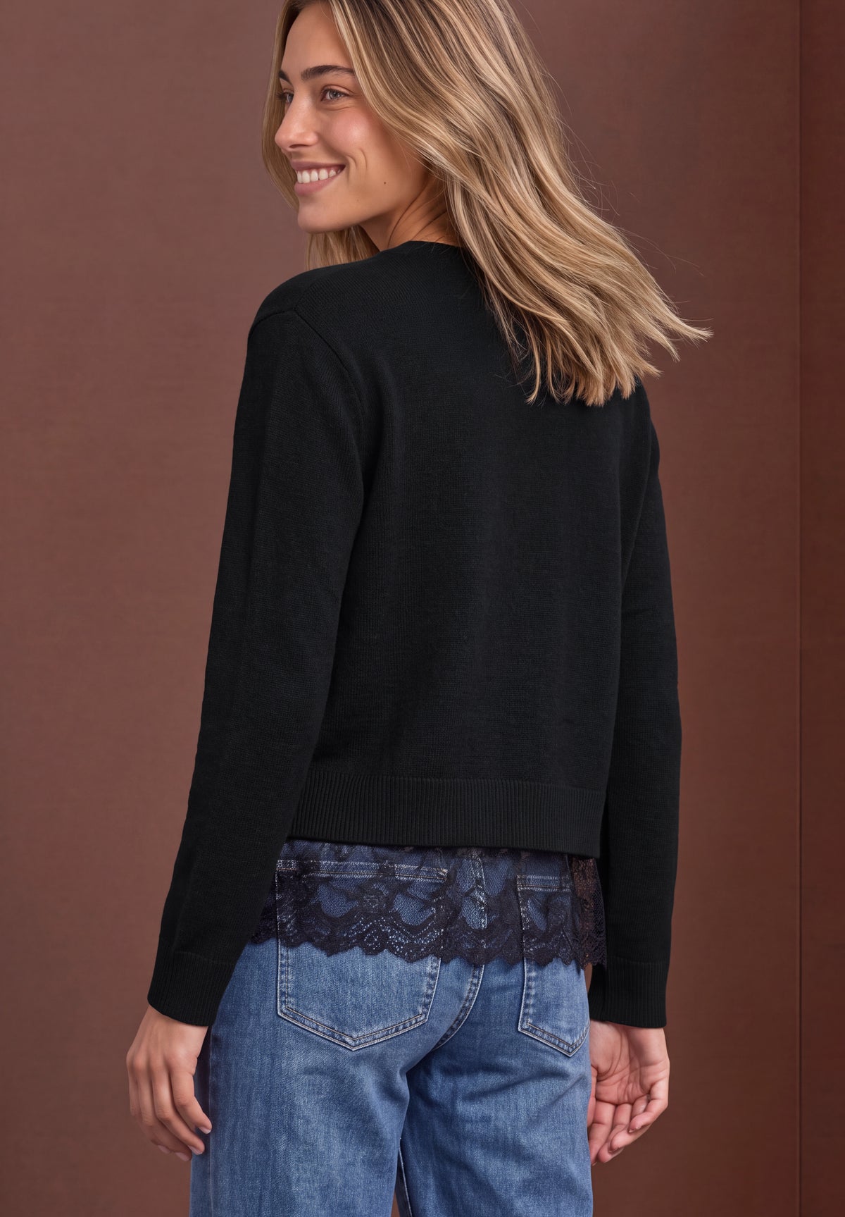 Street One Damen Pullover mit Rundhals und Spitzenkante - Schwarz Black