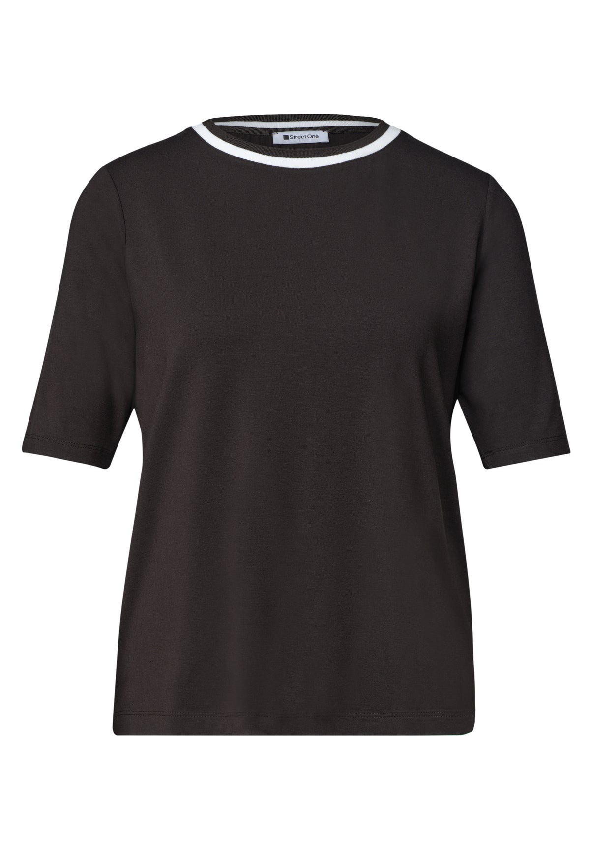 Street One Damen T-Shirt mit Rundhals und Kontrastdetail - Dunkelbraun black coffee