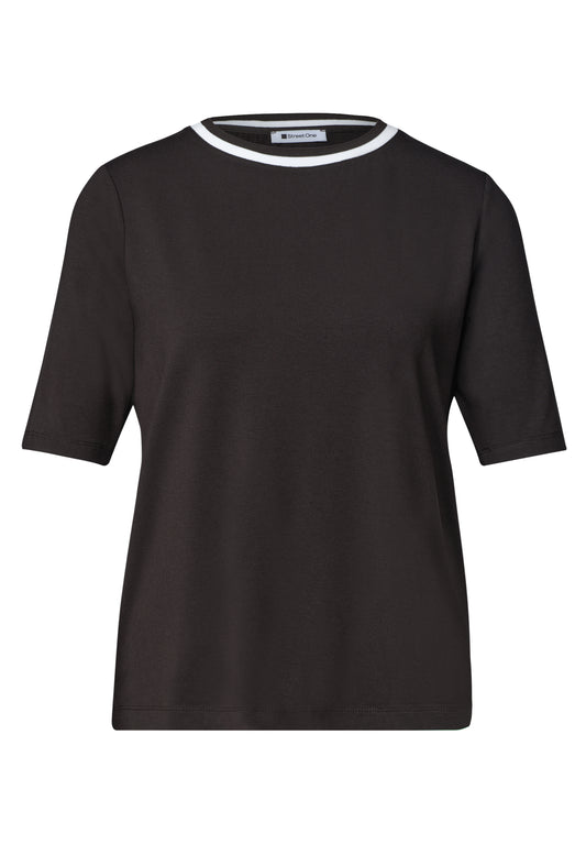 Street One Damen T-Shirt mit Rundhals und Kontrastdetail - Dunkelbraun black coffee