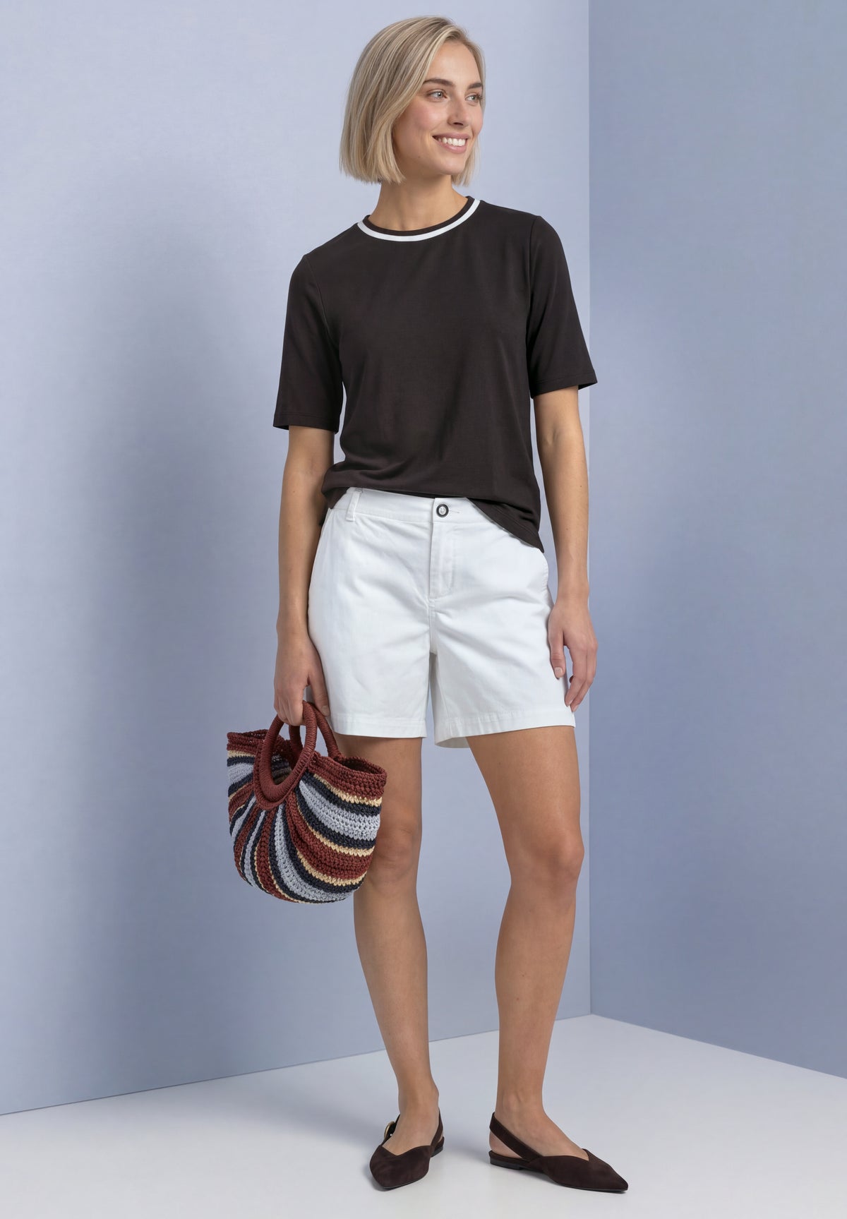 Street One Damen T-Shirt mit Rundhals und Kontrastdetail - Dunkelbraun black coffee