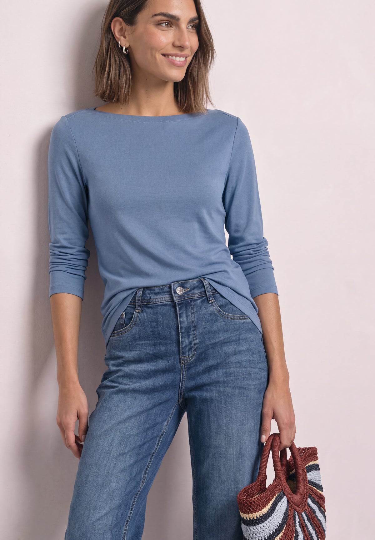 Street One Damen Basic Langarmshirt mit U-Boot-Ausschnitt - Blau northern blue