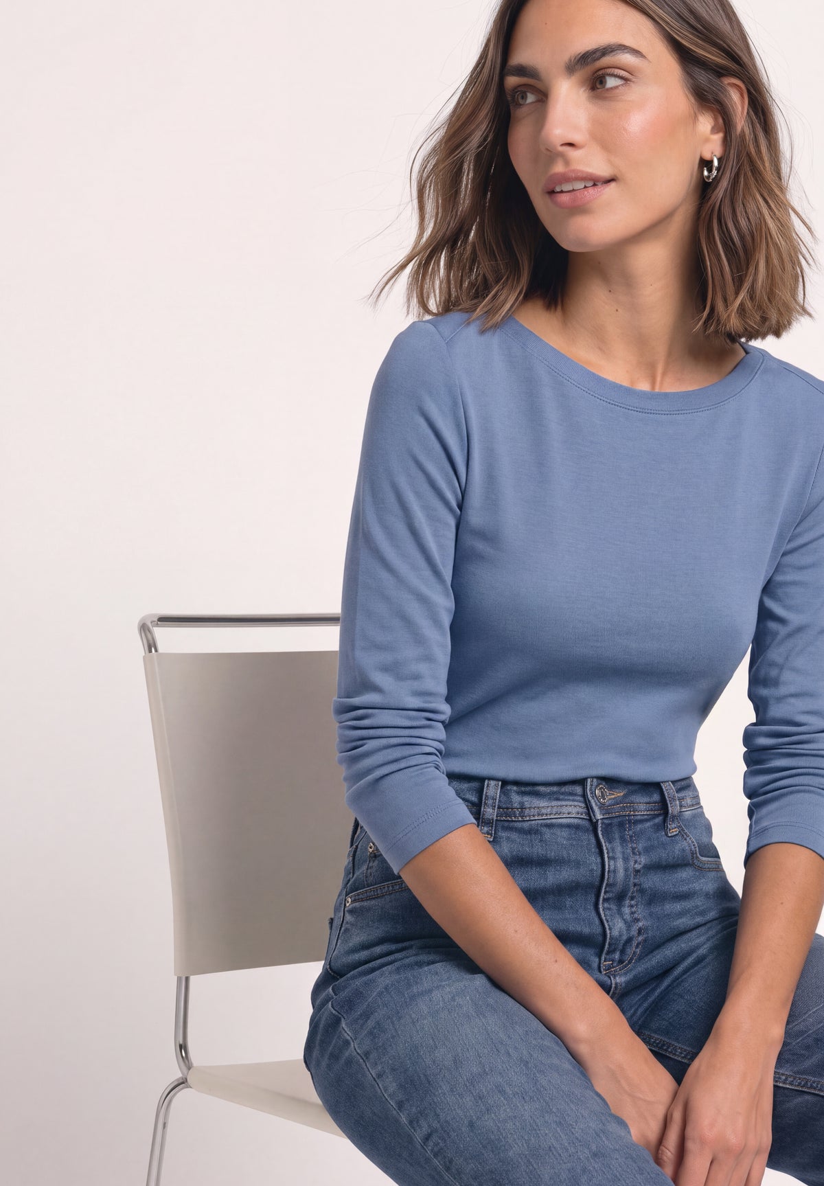 Street One Damen Basic Langarmshirt mit U-Boot-Ausschnitt - Blau northern blue