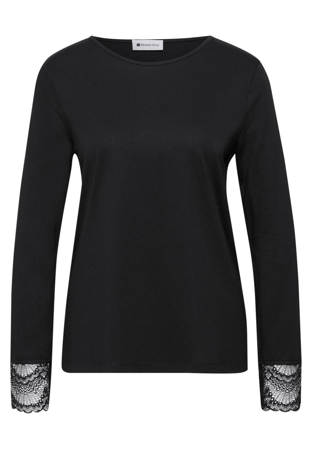 Street One Damen Langarmshirt mit Rundhals und Spitze - Schwarz Black
