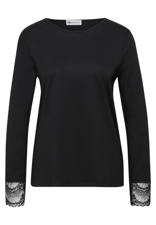 Street One Damen Langarmshirt mit Rundhals und Spitze - Schwarz Black