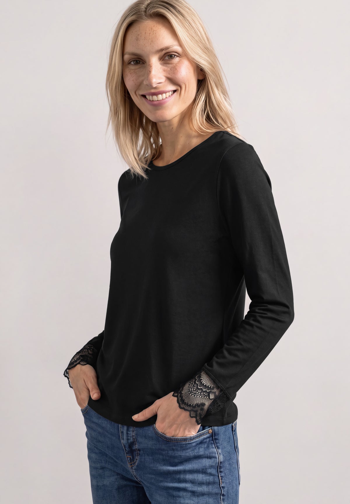 Street One Damen Langarmshirt mit Rundhals und Spitze - Schwarz Black