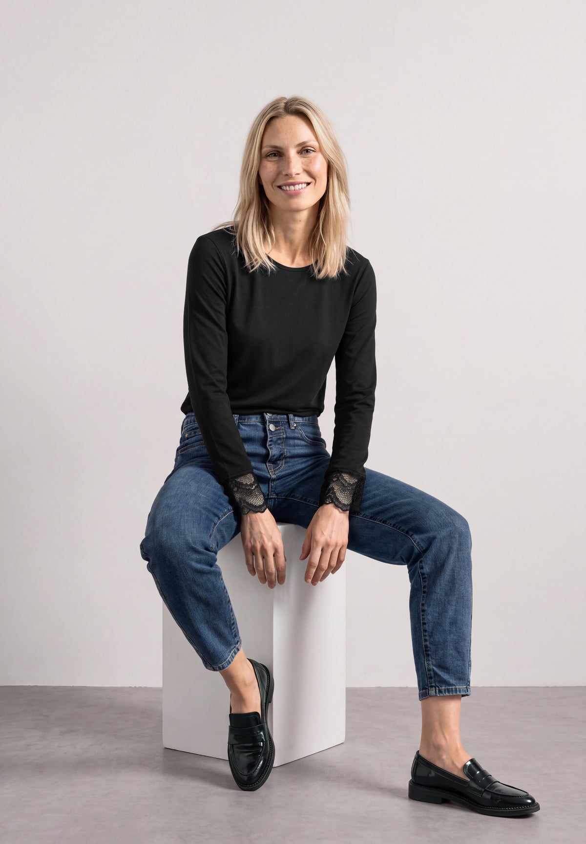 Street One Damen Langarmshirt mit Rundhals und Spitze - Schwarz Black