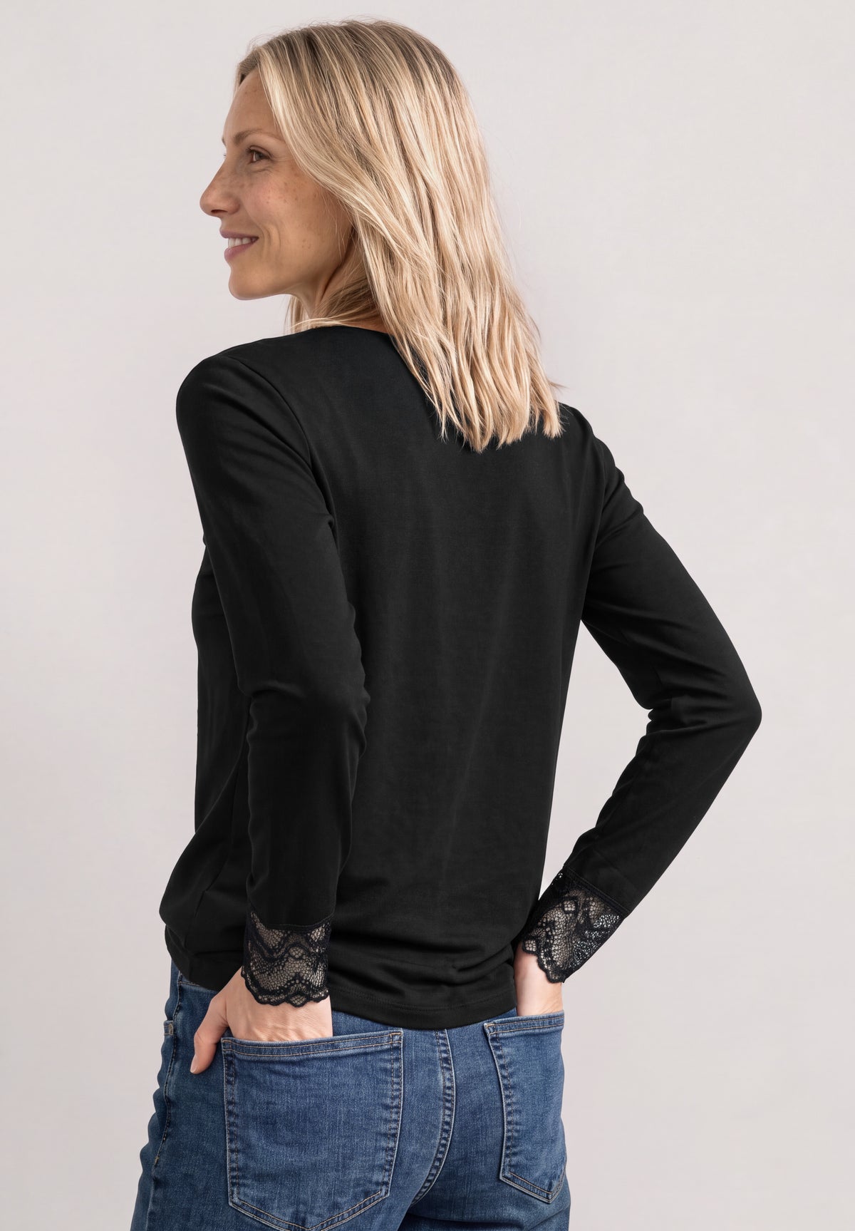 Street One Damen Langarmshirt mit Rundhals und Spitze - Schwarz Black