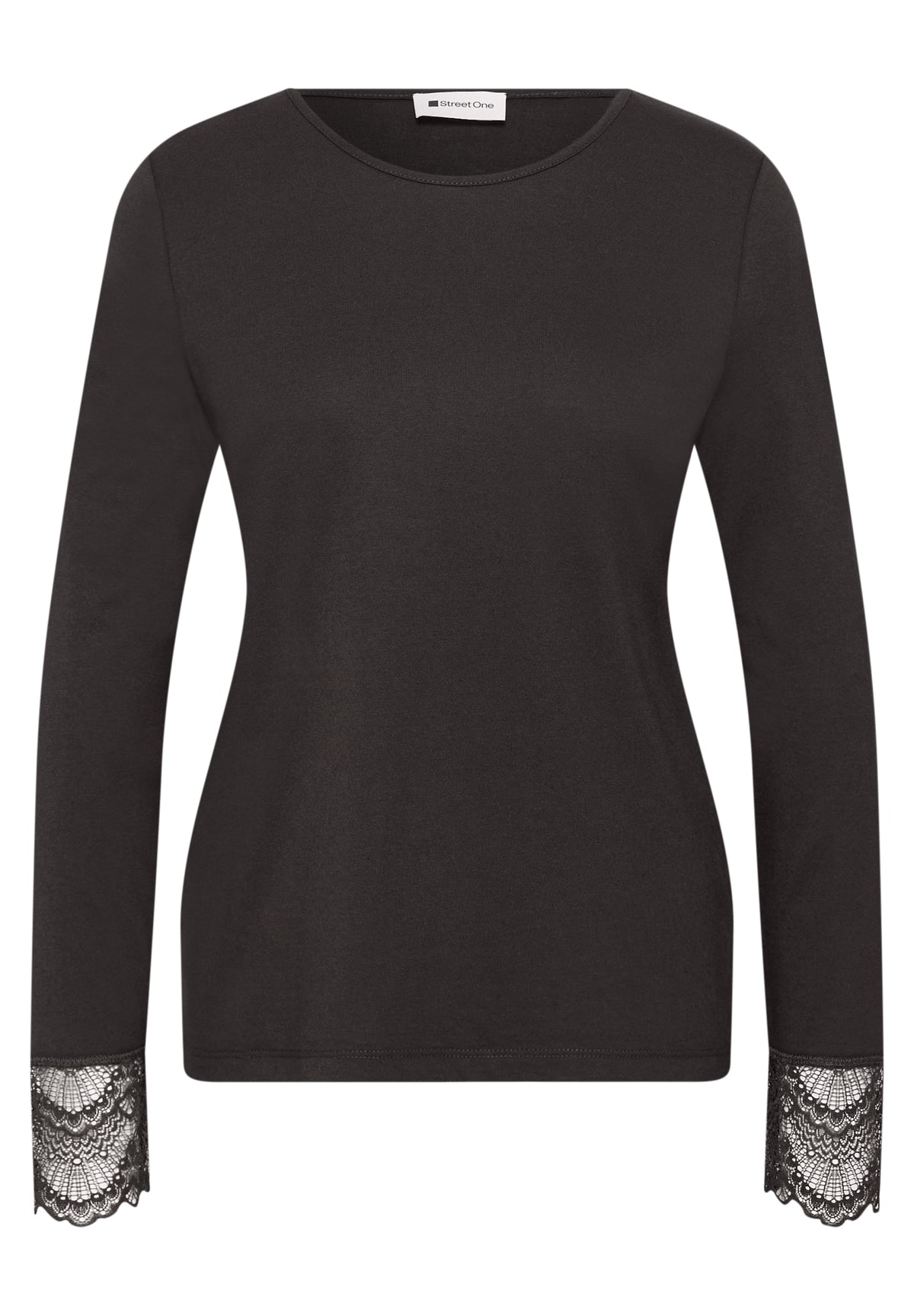 Street One Damen Langarmshirt mit Spitze - Dunkelbraun black coffee