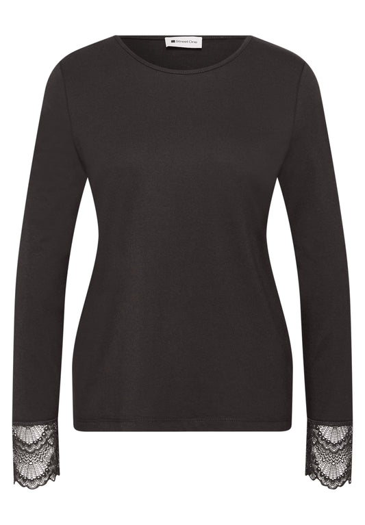 Street One Damen Langarmshirt mit Spitze - Dunkelbraun black coffee