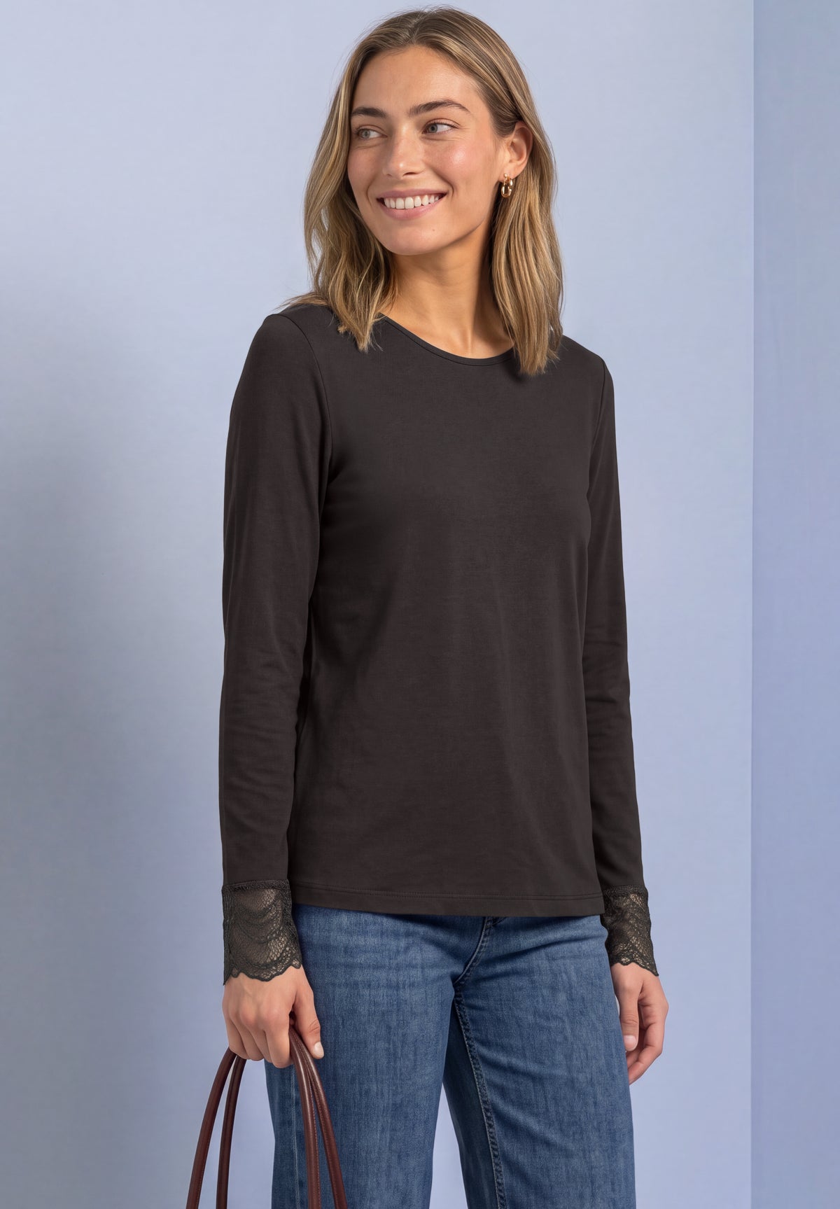 Street One Damen Langarmshirt mit Spitze - Dunkelbraun black coffee