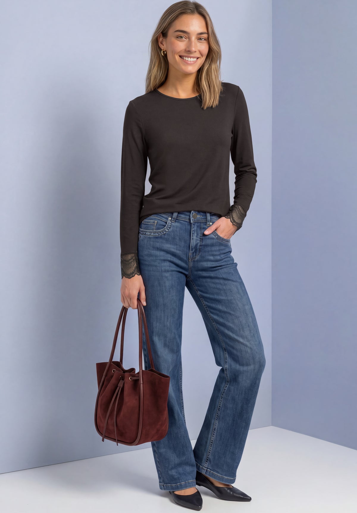 Street One Damen Langarmshirt mit Spitze - Dunkelbraun black coffee