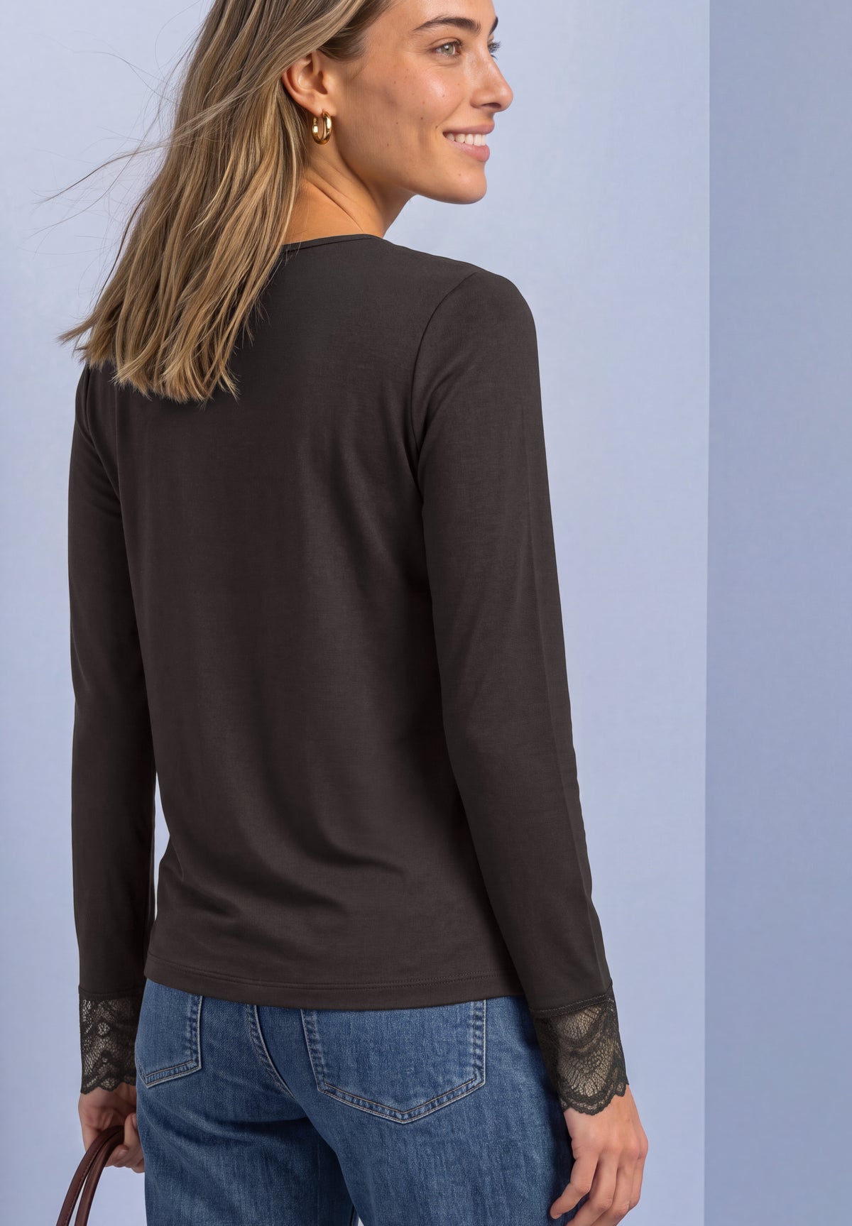Street One Damen Langarmshirt mit Spitze - Dunkelbraun black coffee