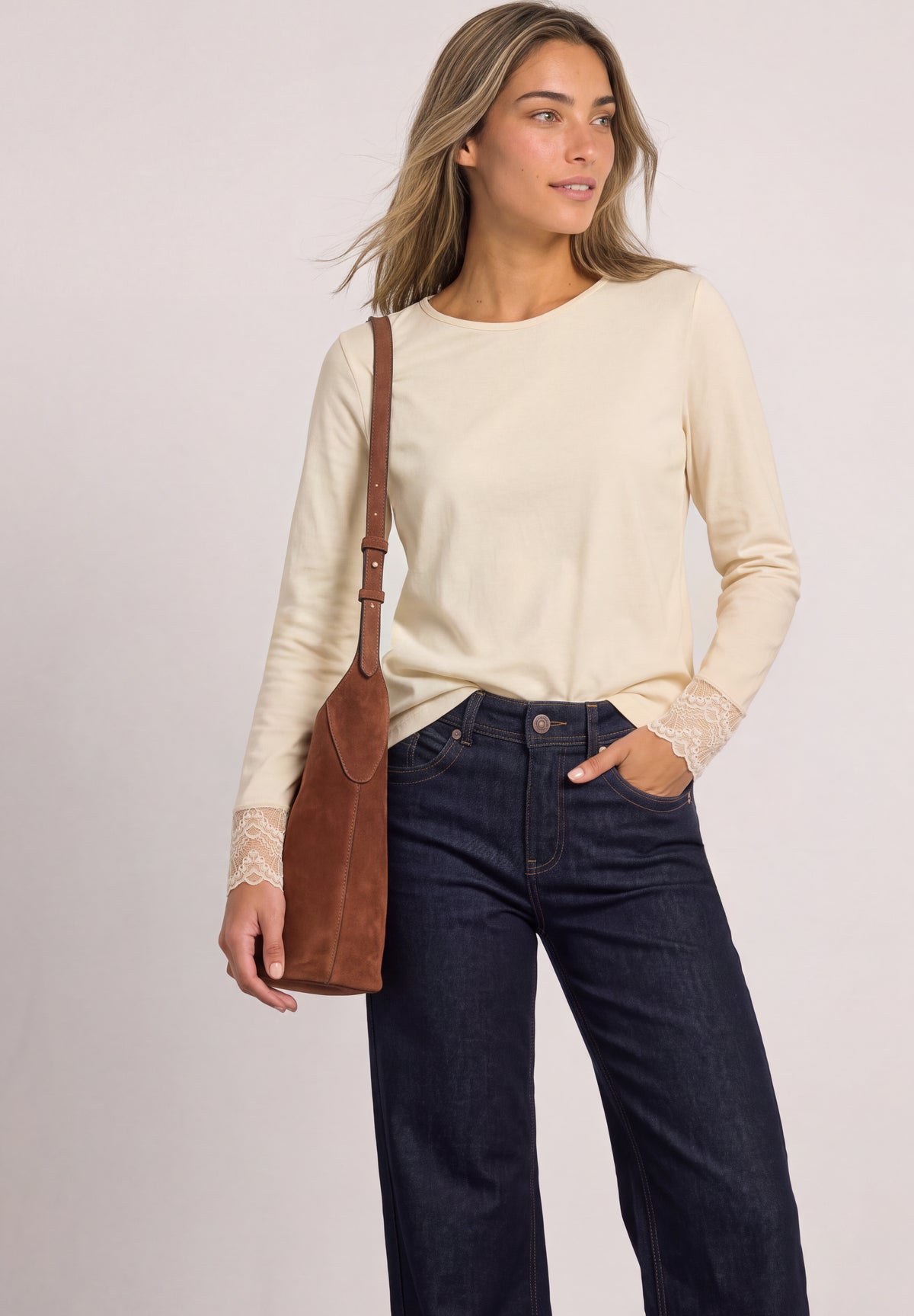 Street One Damen Langarmshirt mit Rundhals und Spitze - Beige pure beige