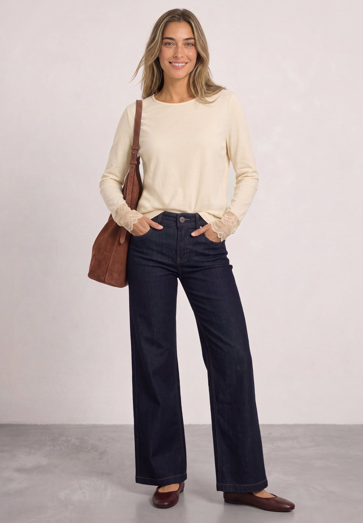 Street One Damen Langarmshirt mit Rundhals und Spitze - Beige pure beige