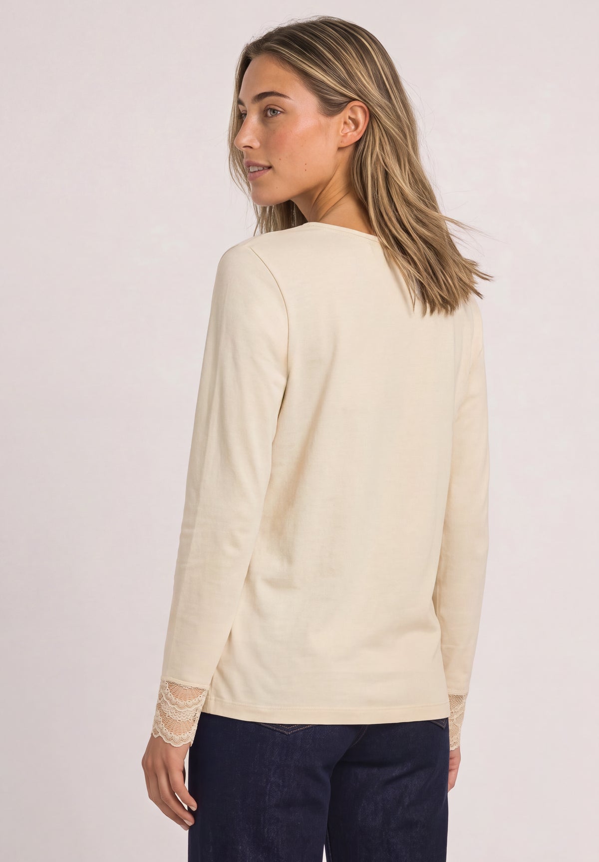 Street One Damen Langarmshirt mit Rundhals und Spitze - Beige pure beige