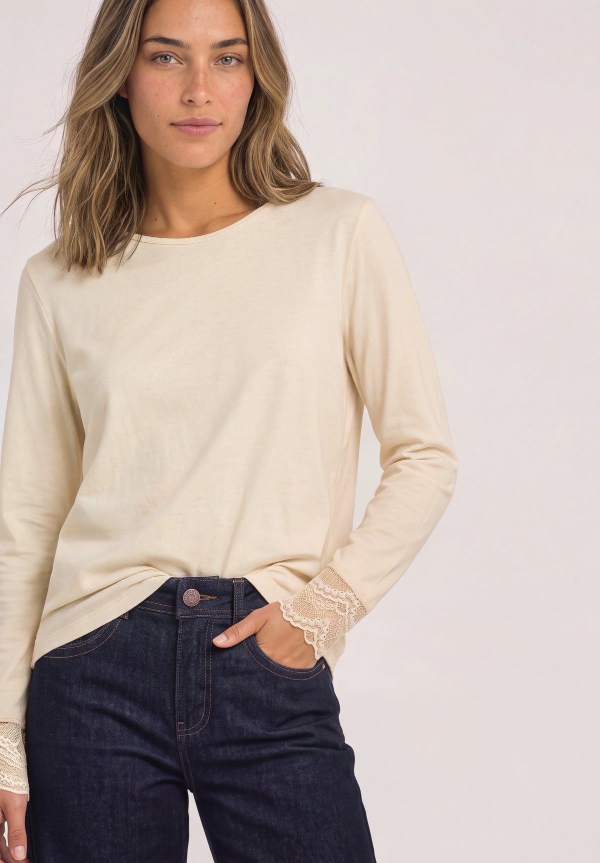 Street One Damen Langarmshirt mit Rundhals und Spitze - Beige pure beige