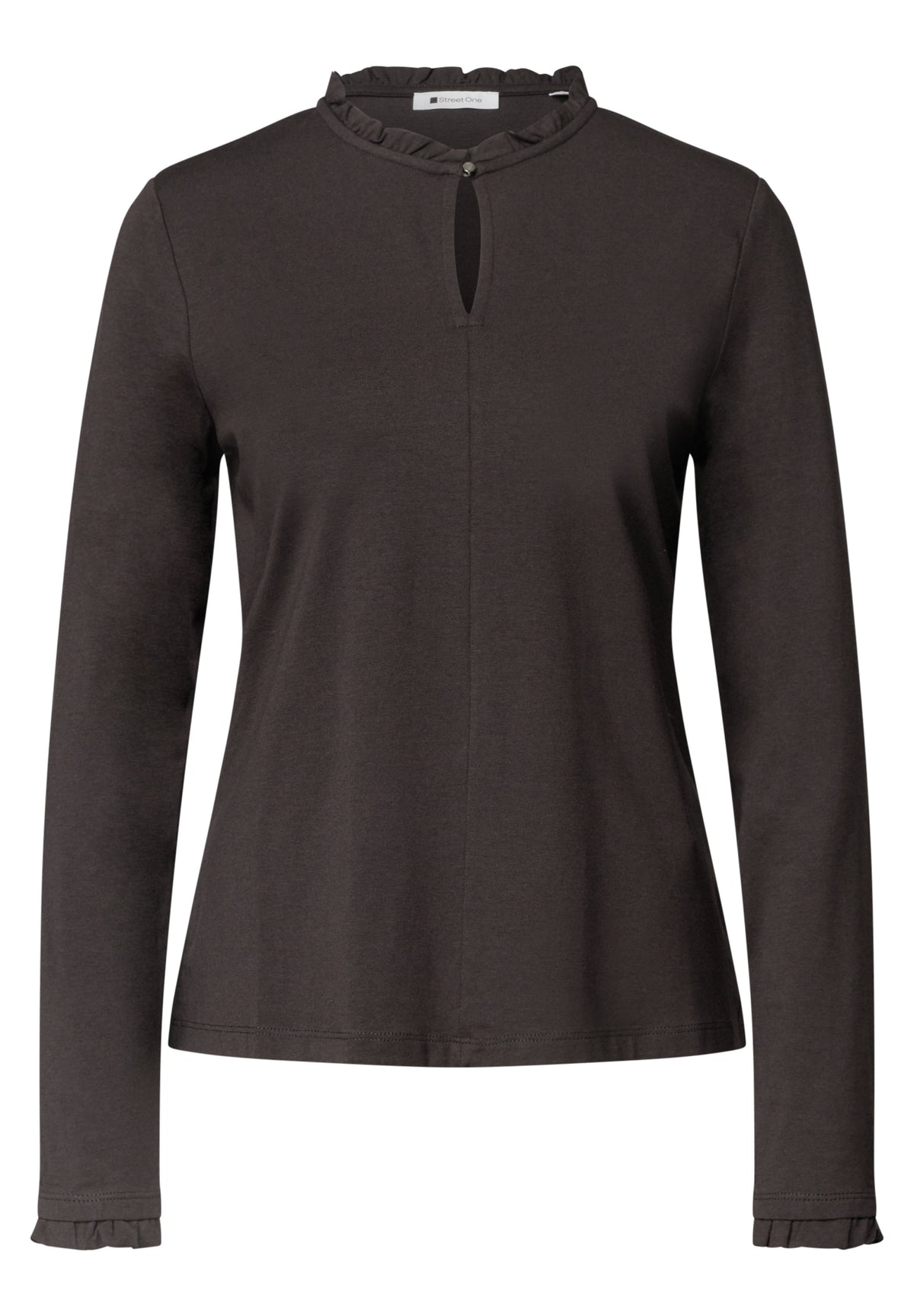 Street One Damen Basic Shirt mit Rüschen und Cut-Out - Dunkelbraun black coffee