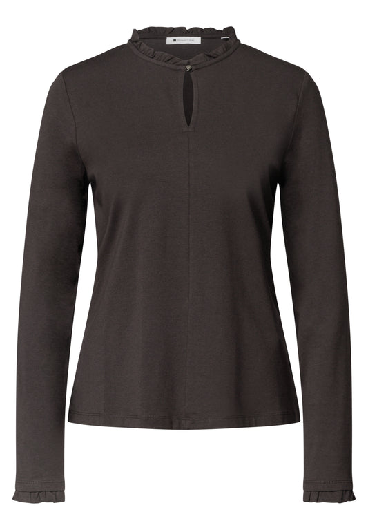 Street One Damen Basic Shirt mit Rüschen und Cut-Out - Dunkelbraun black coffee