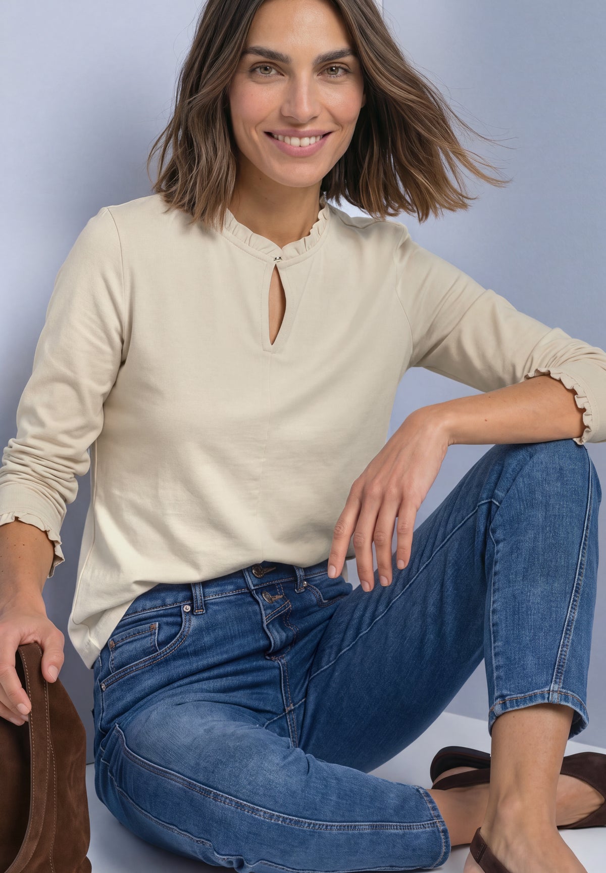 Street One Damen Basic Shirt mit Rüschen und Cut-out - Beige pure beige