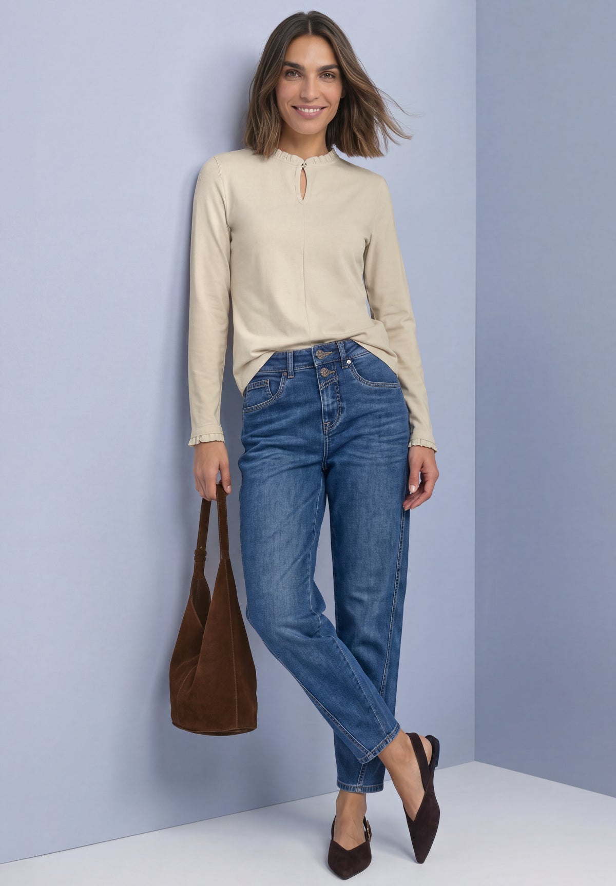 Street One Damen Basic Shirt mit Rüschen und Cut-out - Beige pure beige