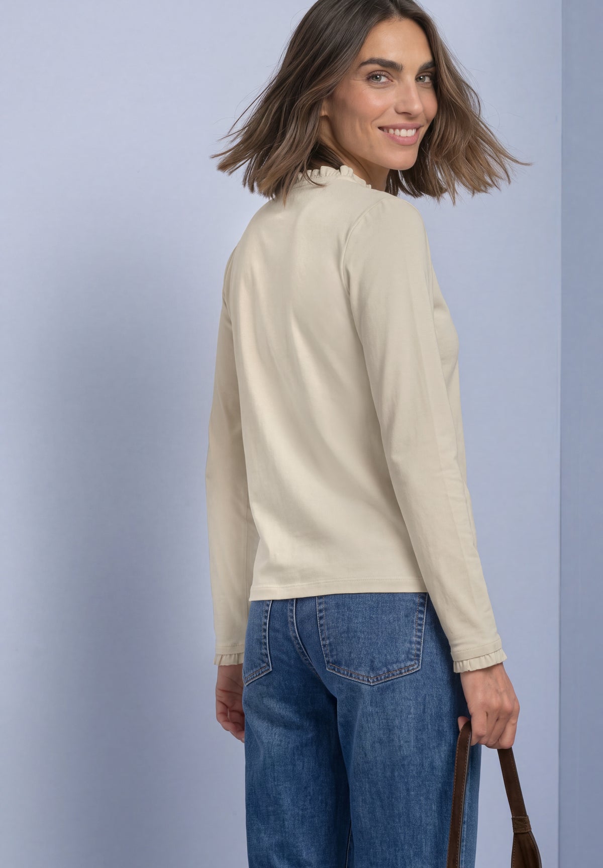 Street One Damen Basic Shirt mit Rüschen und Cut-out - Beige pure beige