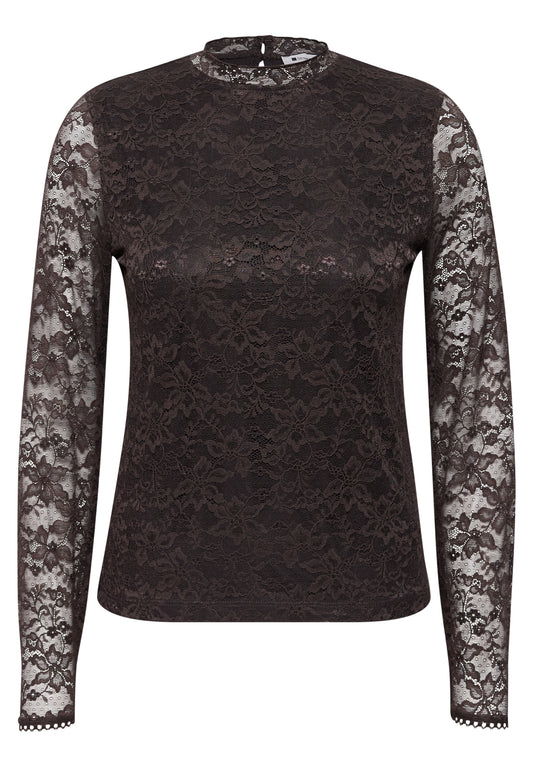 Street One Damen Langarmshirt aus Spitze - Dunkelbraun black coffee